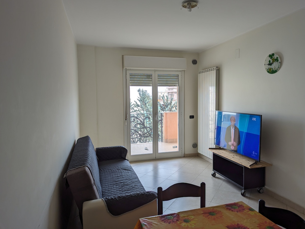 A living area features a spacious sofa and a 55-inch television placed on a wooden stand. Large glass doors provide access to the balcony, allowing natural light to fill the room. A dining table with colorful tablecloth is positioned nearby.