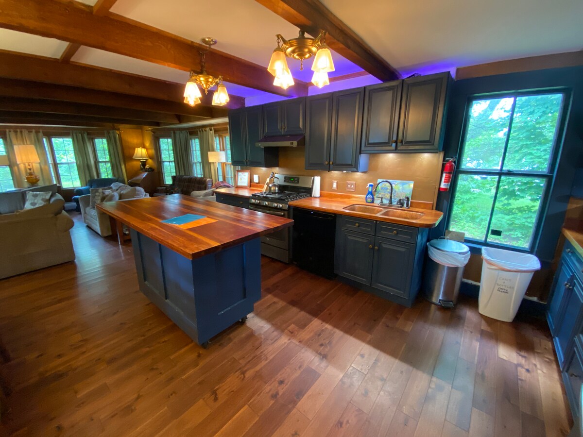 A fully equipped kitchen features dark cabinetry and a central island with a wooden countertop. Stainless steel appliances, including a gas stove, are visible. Large windows provide ample natural light, framing views of the surrounding greenery. A trash and recycling bin are discreetly placed nearby.