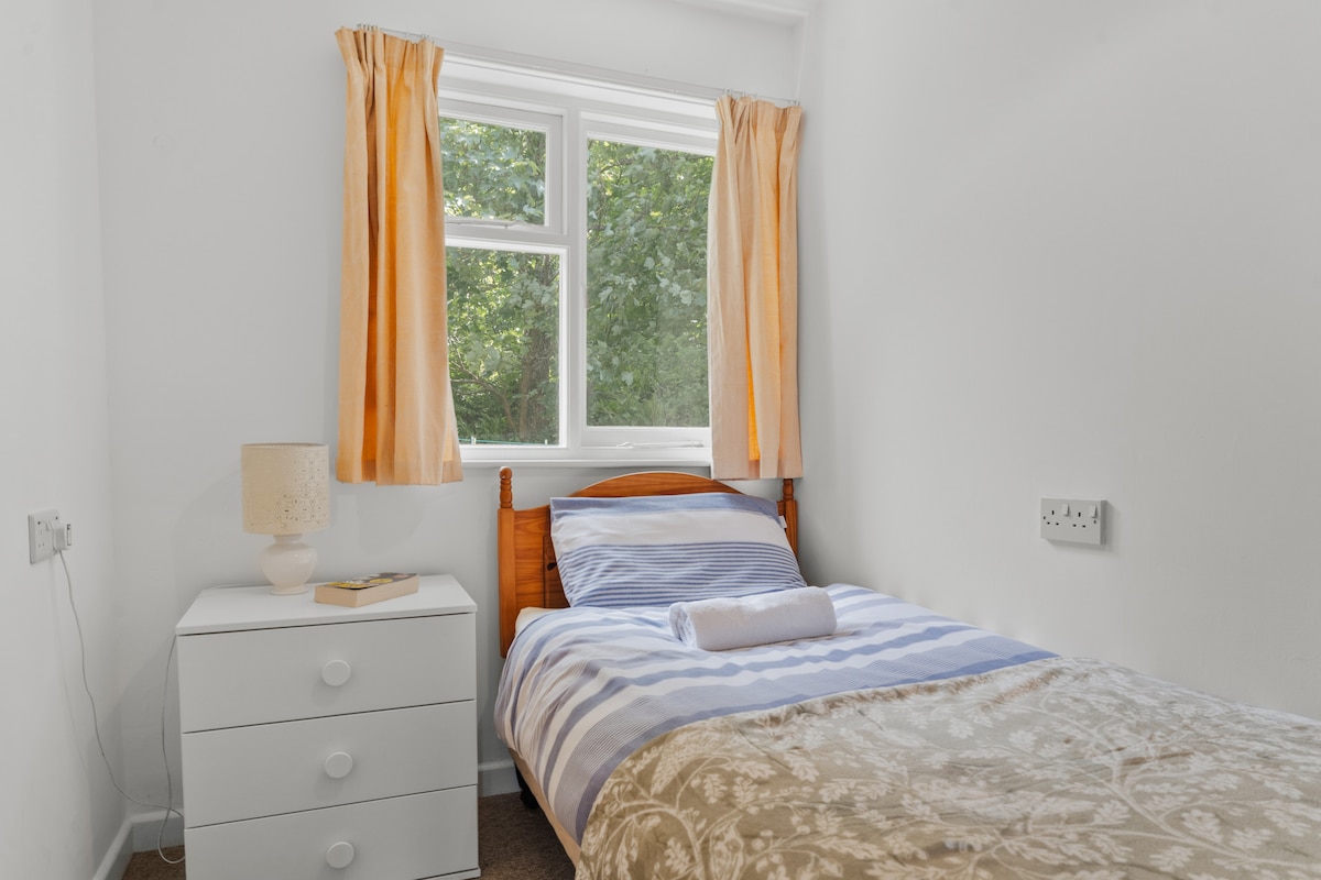 第三间卧室配备单人床、抽屉和壁挂。 这间卧室面向房源后面的林地。
