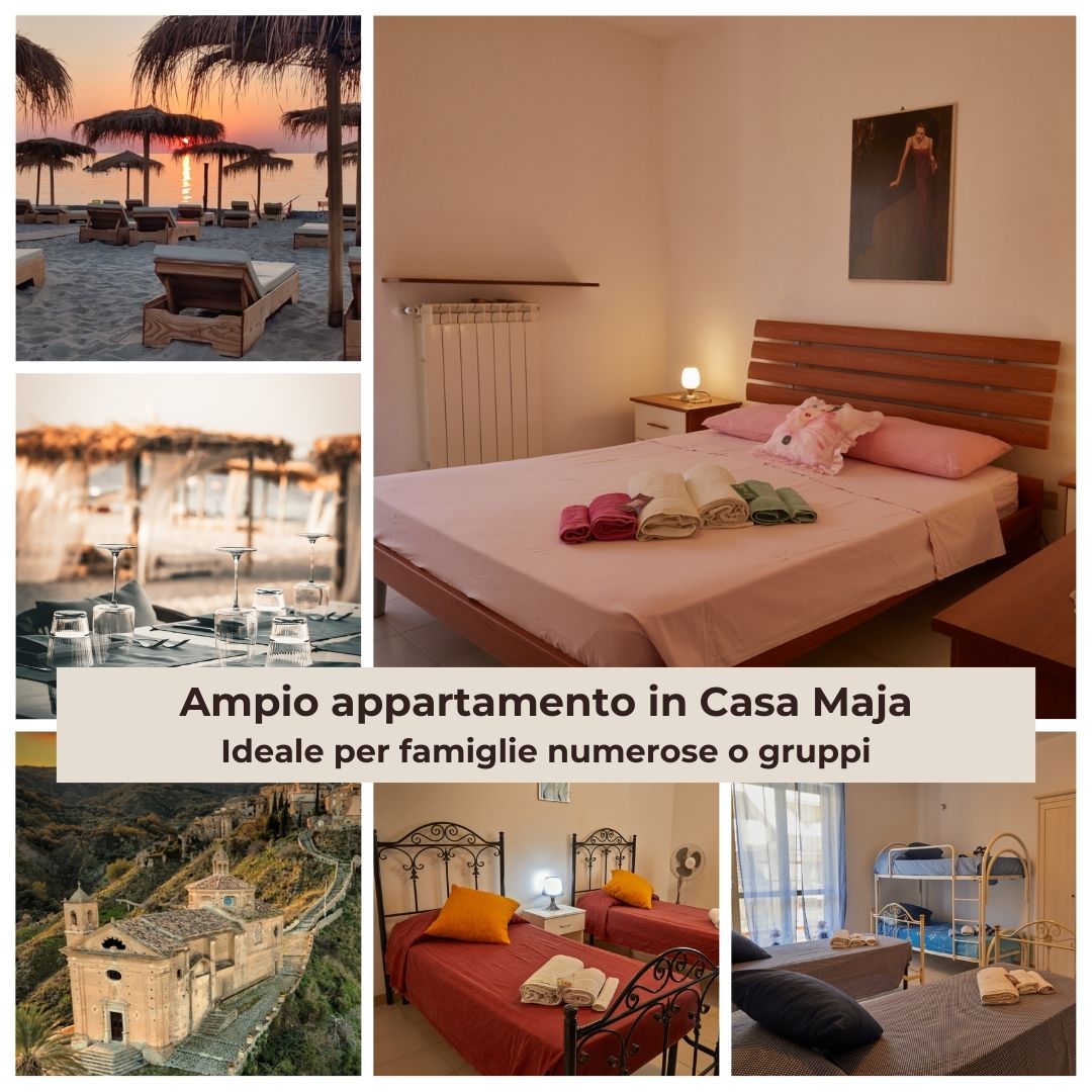 A cozy apartment is featured with a spacious bed adorned with fresh linens and towels. Surrounding elements include decorative artworks and practical furnishings. Additional images showcase a beach setting with sunbeds, a dining setup with glassware, and a view of an ancient village, indicating a blend of relaxation and local culture.