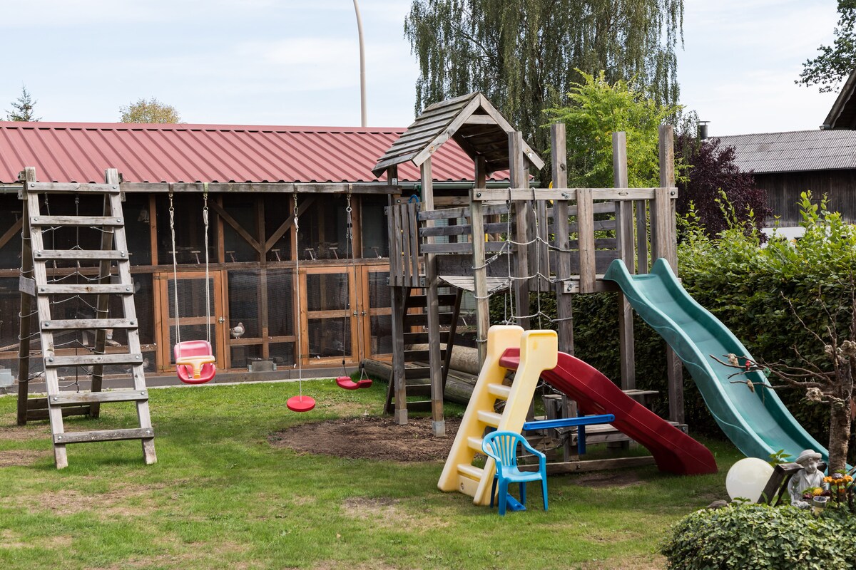 An outdoor play area features a wooden play structure with slides, swings, and a climbing frame. Colorful plastic equipment is present, including a small chair and slides, set on a grassy lawn with some trees in the background.
