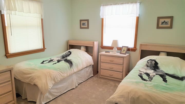 Izba s divokým koňom pre 2 osoby. Dve samostatné postele môžu byť v prípade potreby premenené na jednu manželskú posteľ. Pozrite si pôvodné fotky divokých koní na pláži a kníh Black Stallion / Black Beauty!