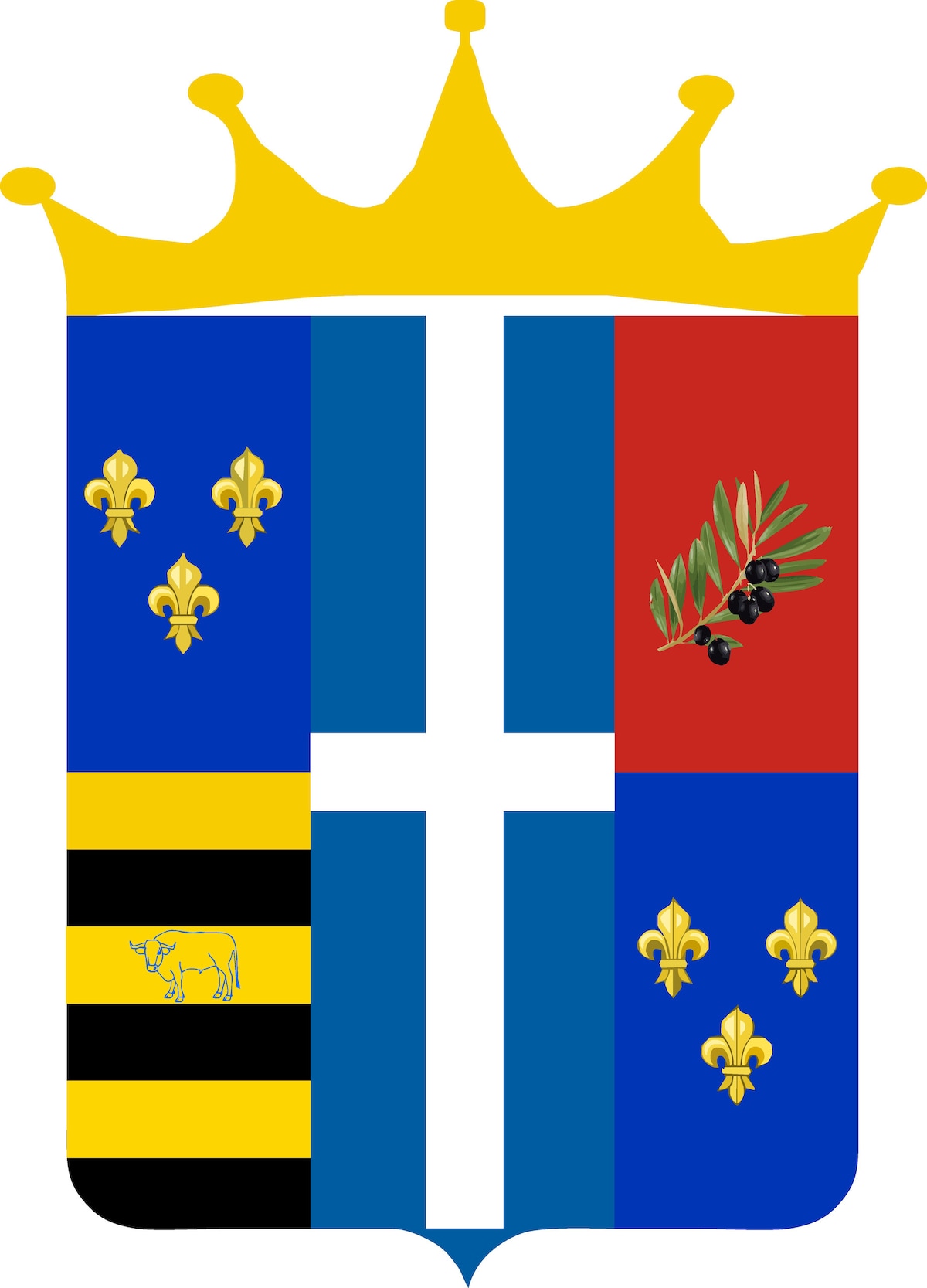A heraldic crest features a blue and gold shield divided into four sections. The left shows three gold fleur-de-lis, the top center presents a white cross, the right showcases a red background with an olive branch, and the lower section contains a yellow figure against black stripes.