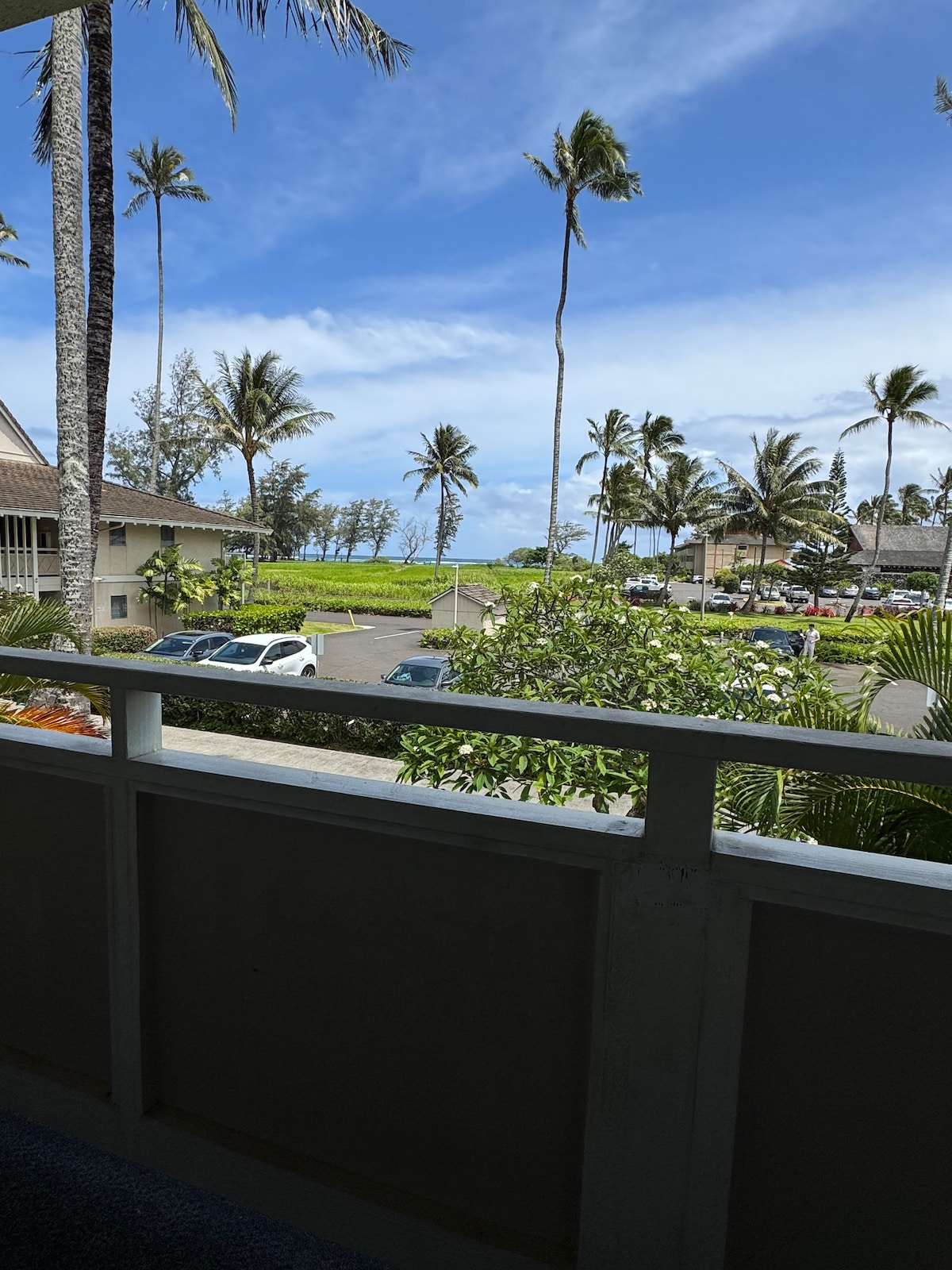 A view from the balcony showcases swaying palm trees and a glimpse of the ocean beyond. Lush greenery frames the scene, while parked vehicles are visible along the pathway. The sky is bright with scattered clouds, creating a serene outdoor atmosphere.