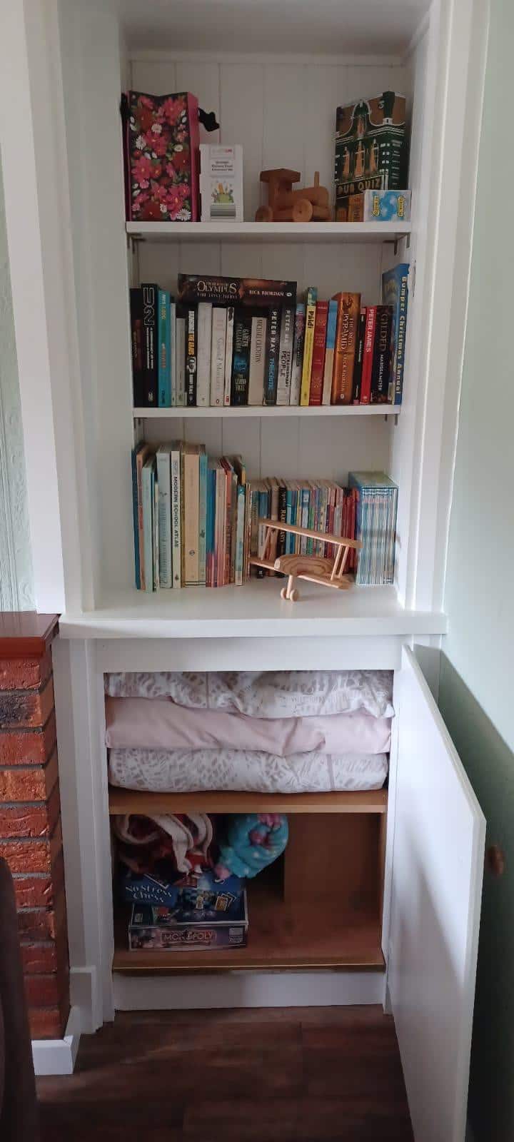 Books for Adults and Children. Toys and games for both Adults and Children. Bed clothes for the sofa bed.