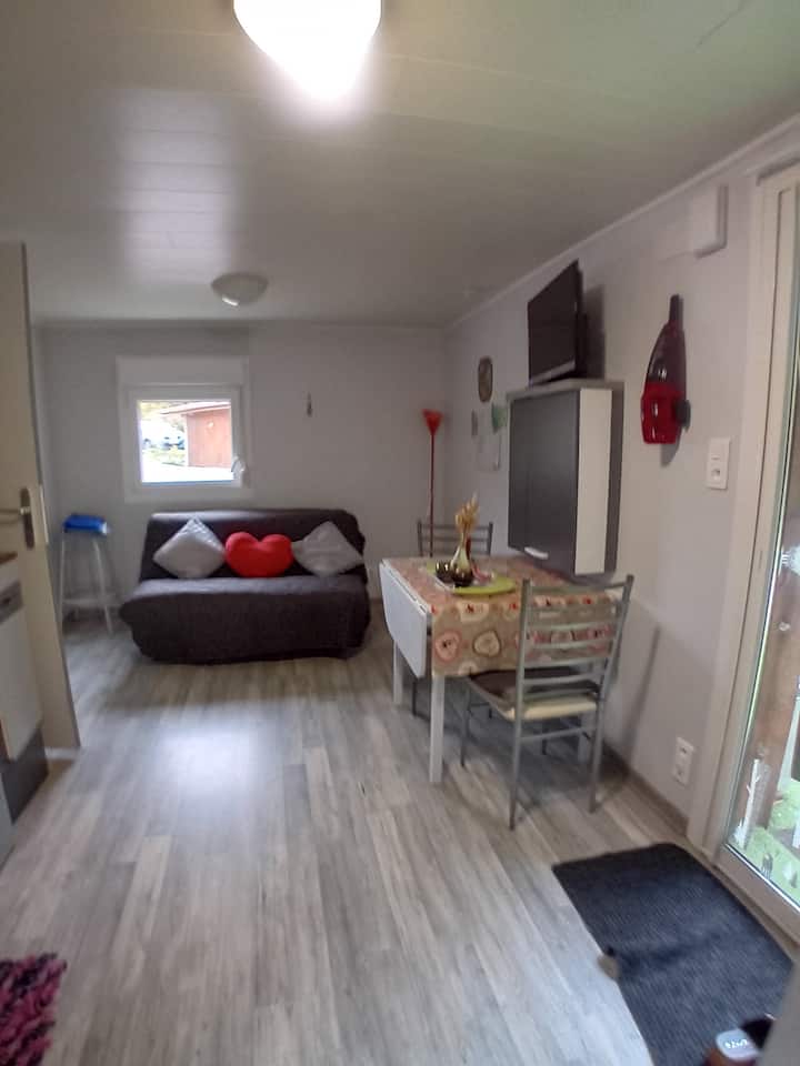 кујна во дневна соба;кауч на спуштање, трпезариска маса со 2 стола, мал плакар со телевизор  кој работи со параболата, а изворот е HDMI 1.