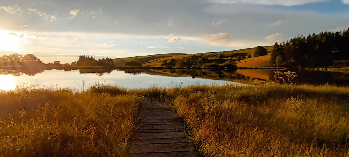 A serene landscape features a wooden pathway leading to a tranquil body of water, surrounded by lush grass and gentle hills. The sun sets in the background, casting warm light over the scene, while trees are visible along the water's edge.