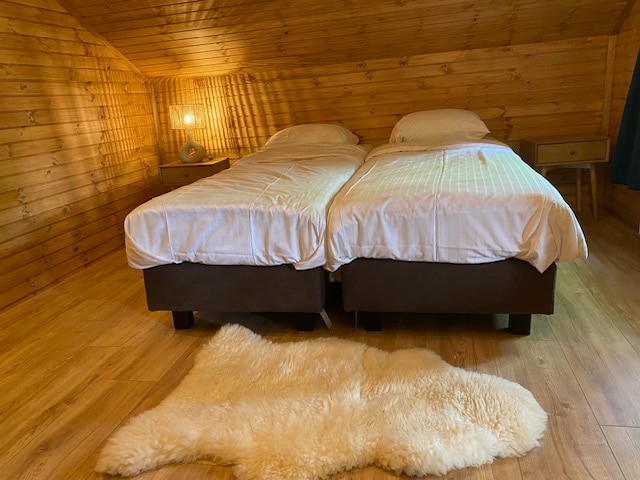 საძინებელი ორადგილიანი ერთადგილიანი ზამბარიანი საწოლებით ფართო საძინებლით, რომელიც საკმარისია საბავშვო საწოლისთვის. 