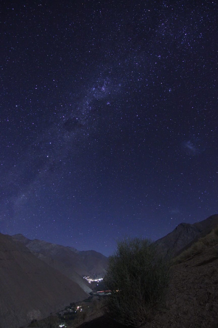 A clear night sky filled with countless stars is displayed, showcasing the Milky Way and nearby celestial bodies. The rugged mountain landscape stretches beneath the night sky, contributing to a serene and remote atmosphere. A solitary bush is visible in the foreground.