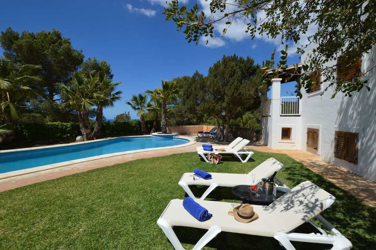 A spacious outdoor area features a well-maintained garden with green grass and rows of palm trees. Sun loungers with towels are arranged around a swimming pool, which reflects the clear sky. A shaded terrace is visible in the background, adding to the relaxing ambiance.