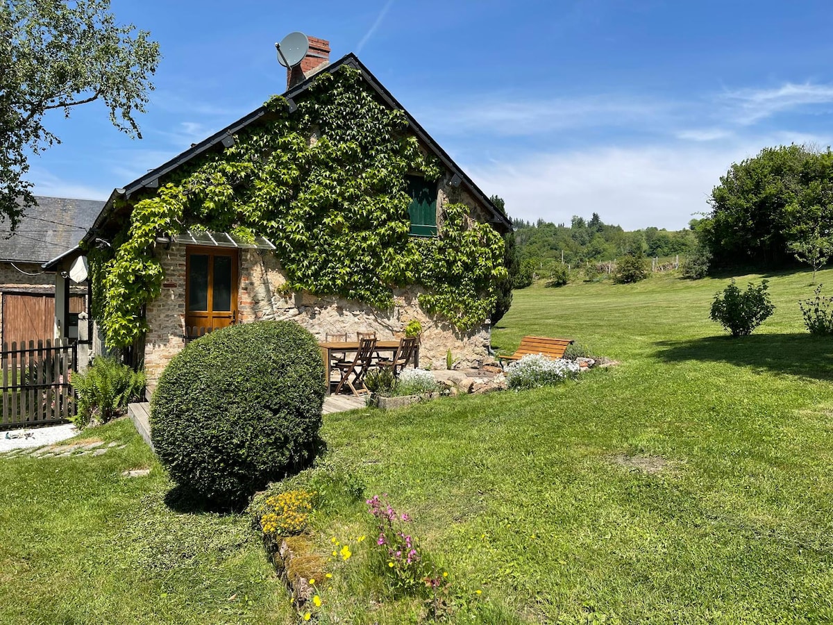 A charming stone house is draped in lush green vines, complementing the natural surroundings. Outside, a wooden table and chairs are arranged on a stone patio, facing a vast green lawn that extends towards the horizon. The peaceful landscape is dotted with trees and flowering bushes.