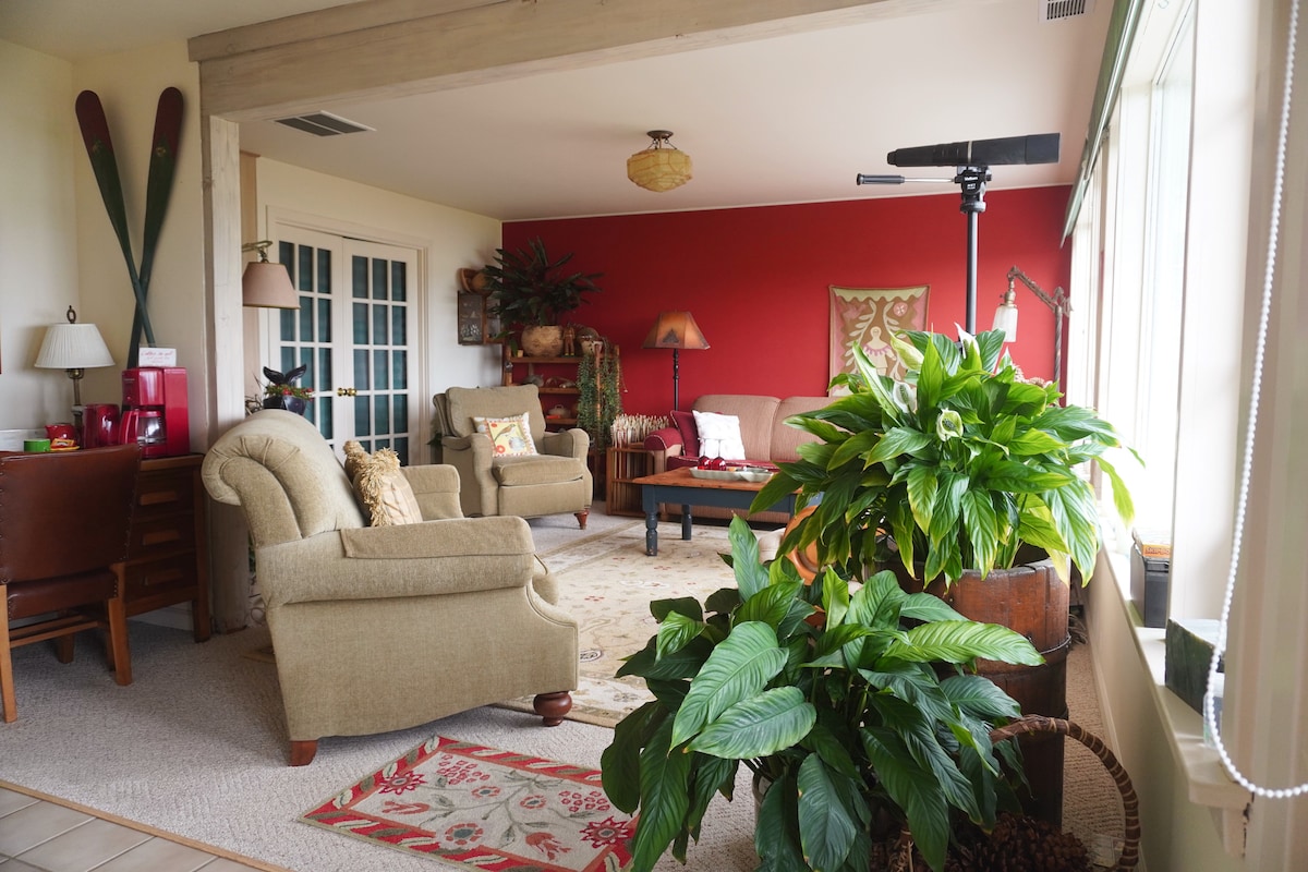 Living room space with telescope and binoculars to see possible marine life!