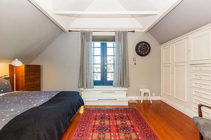 Upper-level bedroom w/ skylight, bold rug & natural light.