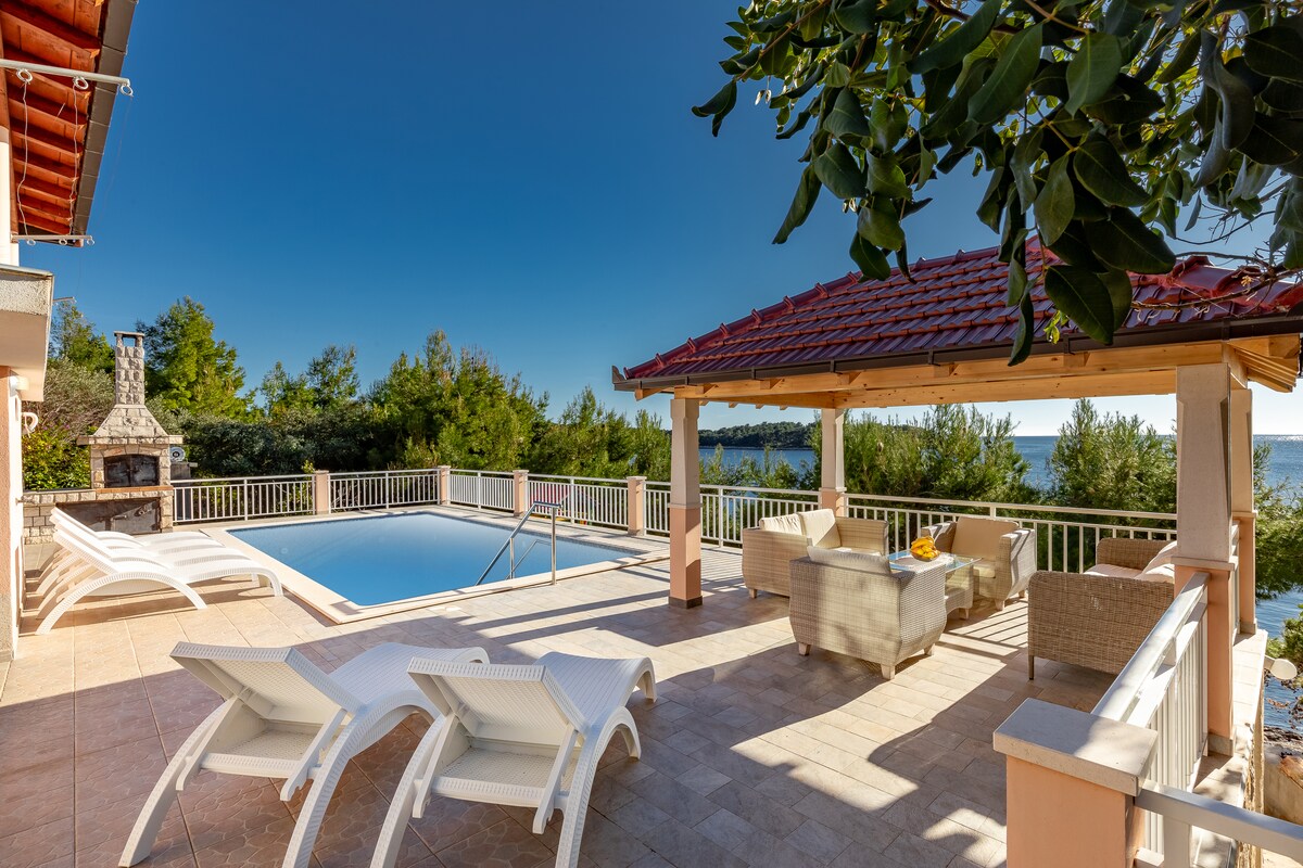 The outdoor seating area showcases a covered pavilion with comfortable seating and a coffee table. Sun loungers are positioned beside a private pool, framed by greenery and offering views of the nearby water. A stone grill is visible in the background.