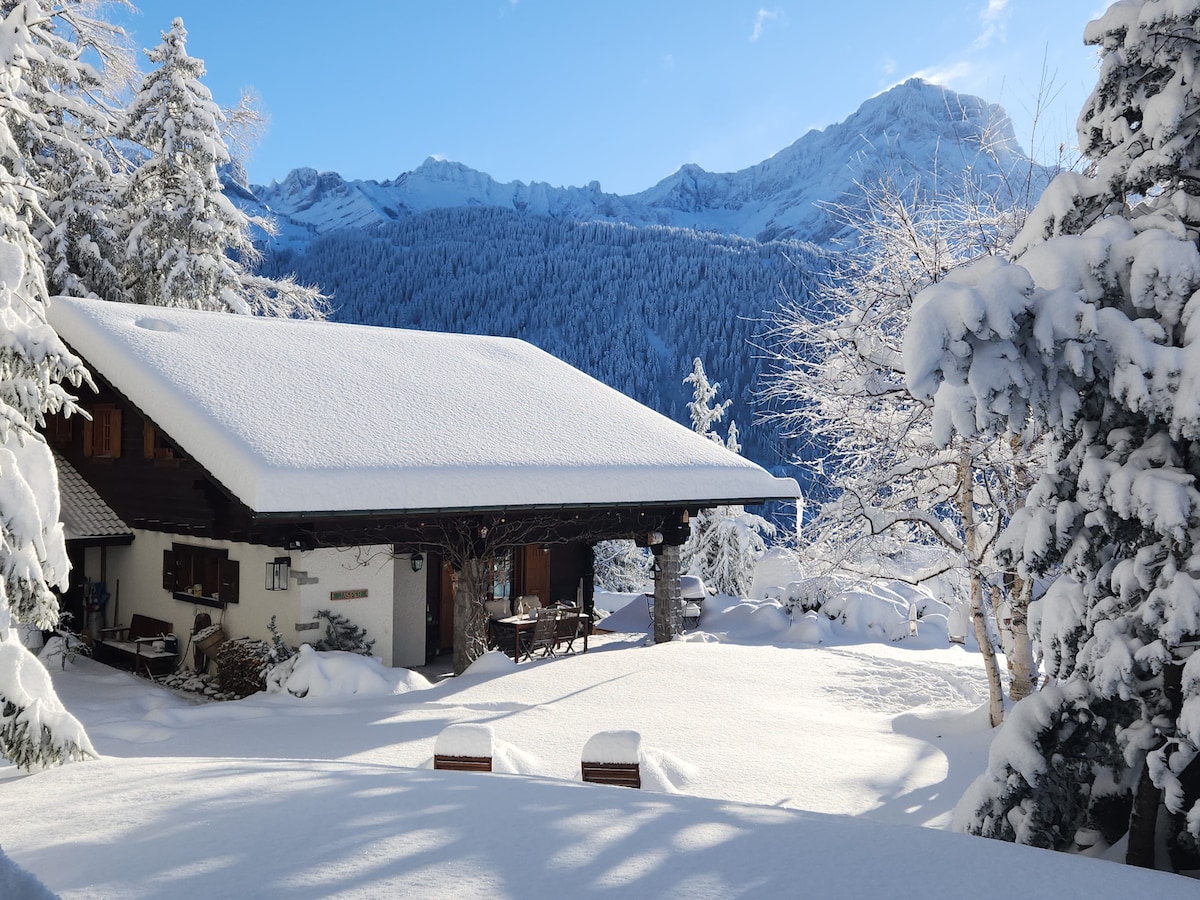 A charming chalet is surrounded by a winter wonderland, with a thick blanket of snow covering the roof and the ground. Tall trees dusted with snow frame the scenic view of the mountains in the background, which sparkle under a clear blue sky.