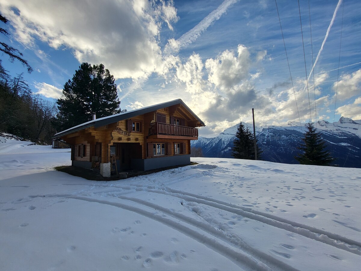The chalet is situated in a snow-covered landscape, featuring a two-story wooden structure with a sloped roof and balcony on the upper level. Surrounding trees and distant mountains are visible under a partly cloudy sky. A snow pathway is apparent, leading to the entrance.