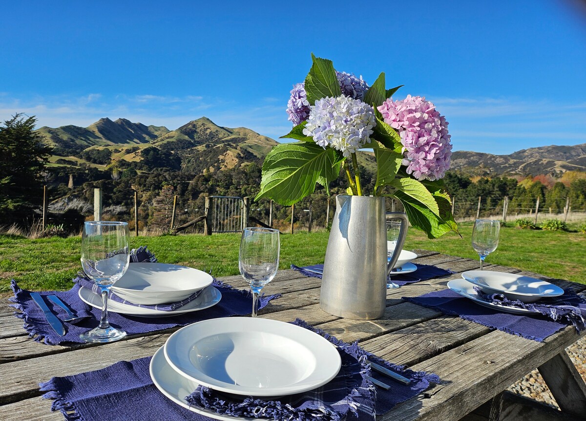 A dining table is set outdoors, featuring white plates and elegant glassware. A silver pitcher filled with vibrant hydrangeas stands at the center. The backdrop showcases rolling hills and blue skies, enhancing the sense of open space in a rural setting.