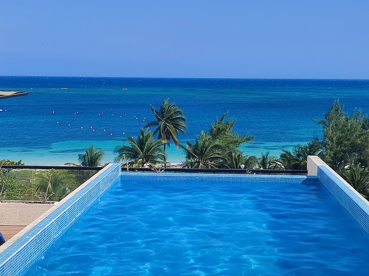 An infinity pool is showcased, blending seamlessly with the vibrant blue of the Caribbean Sea in the background. Lush greenery surrounds the pool area, creating a serene atmosphere. Gentle waves can be seen in the distance, enhancing the tranquil coastal view.