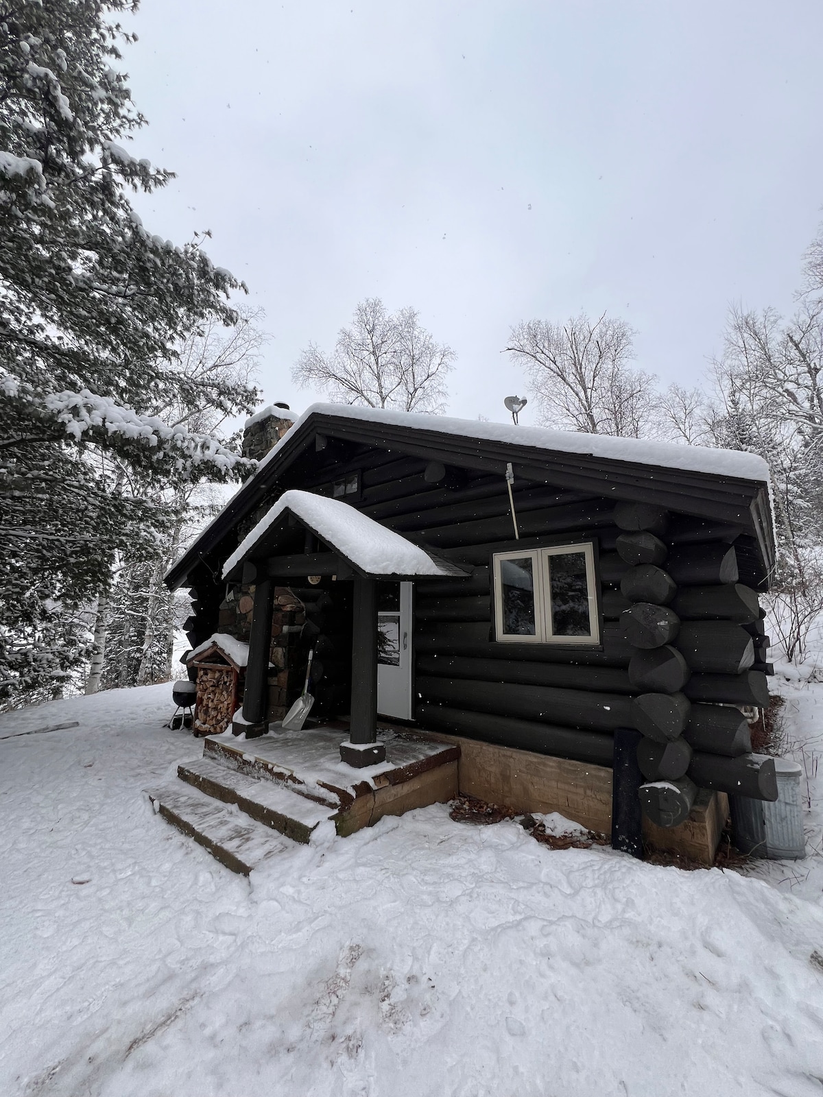 A cozy log cabin is shown surrounded by a blanket of fresh snow. The entrance features a covered porch with steps leading to the door. Tall evergreens and a serene winter landscape are visible in the background, creating a peaceful atmosphere.