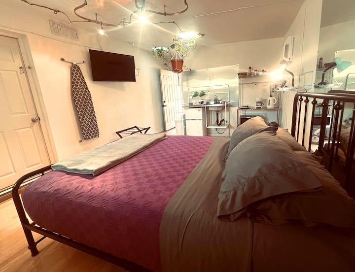 Sprawl out on the new queen size bed. Grab a controller and play some Super Mario World on the new 43" 4K smart TV.  Bed side night light, bed side outlets for your devices. Relax!