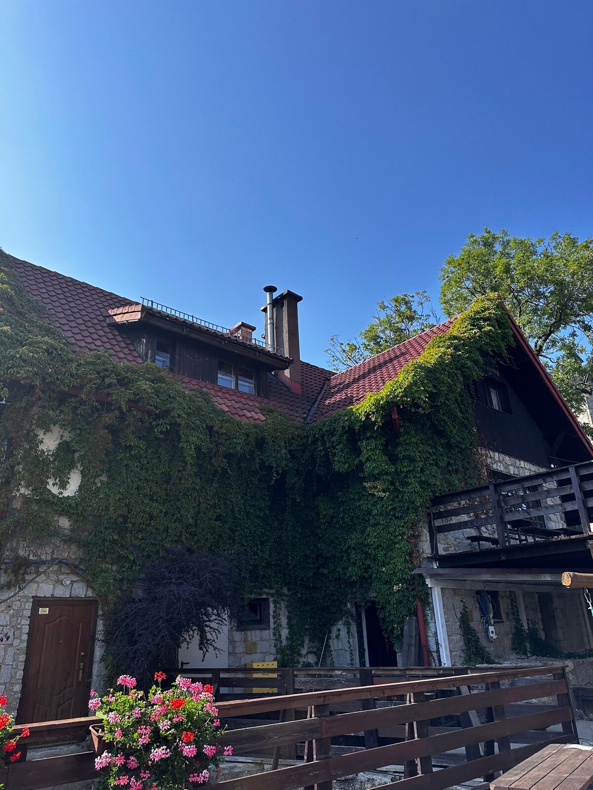The exterior of a charming stone house is enveloped in lush greenery, with climbing vines adorning the walls. The roof features a combination of red tiles and modern chimney. A wooden deck and balcony provide additional outdoor space, framed by vibrant flowers below.