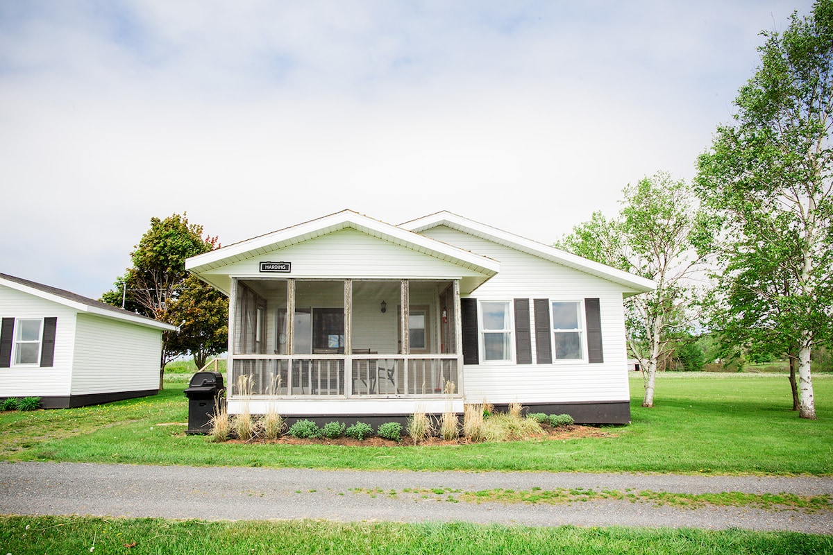 The exterior of the cottage features a covered screened-in deck, providing a shaded area for relaxation. Surrounded by a well-kept lawn, the structure displays large windows, inviting ample natural light into the living space. A charcoal grill is positioned nearby for outdoor cooking.