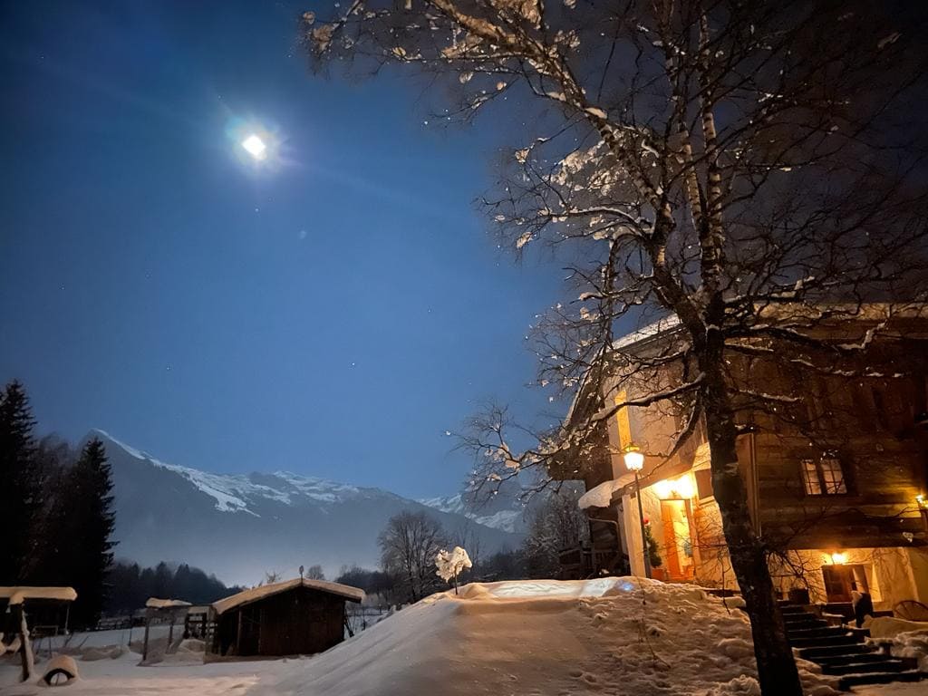 A mountain chalet is illuminated under a moonlit sky, surrounded by a snowy landscape. Snow-covered trees and a wooden structure enhance the wintry scene, while distant mountains are faintly visible in the background, creating a serene atmosphere.