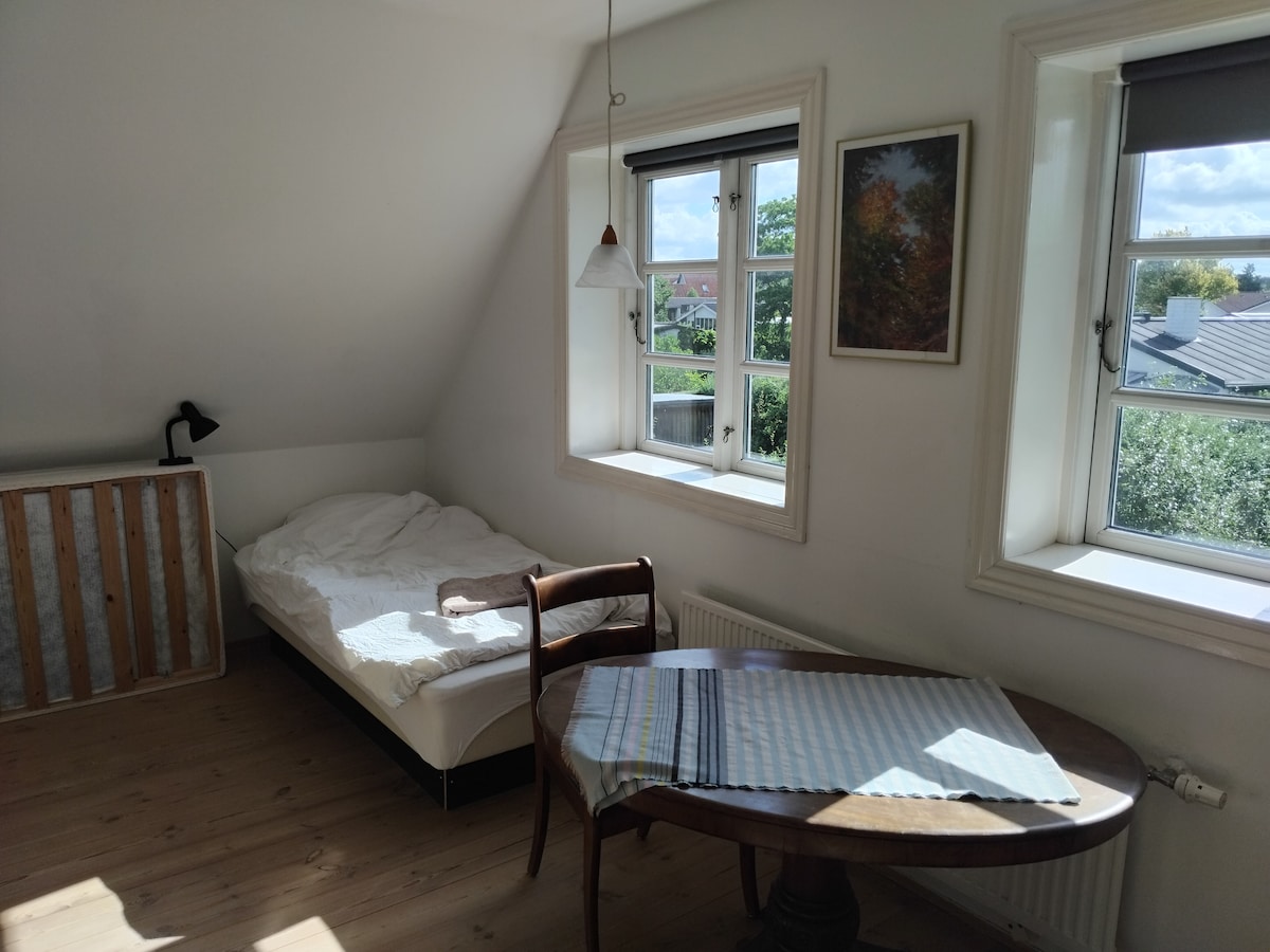 Biggest bedroom on the first floor. 3 beds, table with chairs and closet for storing clothes, as well as small closet and mirror.