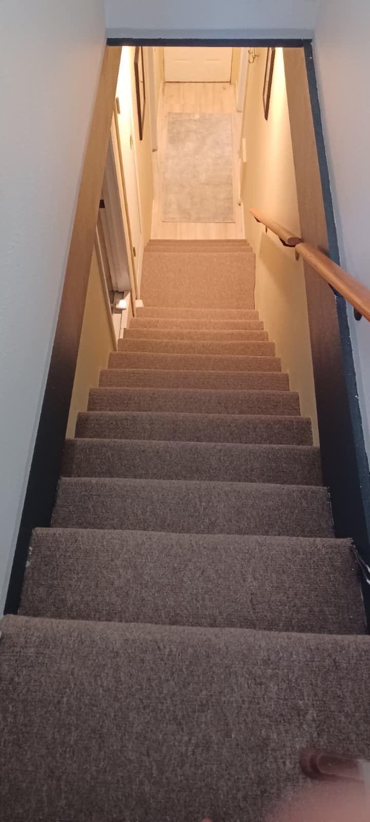 Stairs going down to bedroom/bathroom on lower level.  