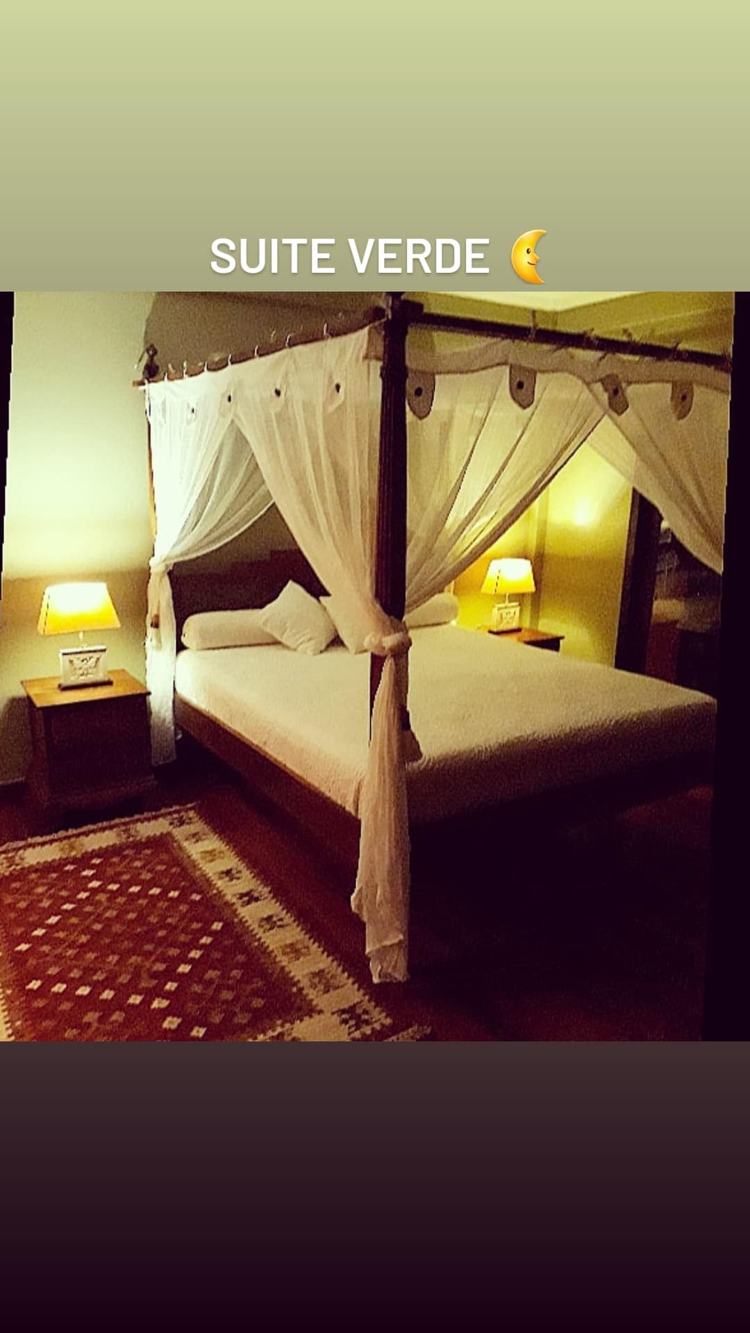 A spacious bedroom is presented with a four-poster bed draped in white fabric. Soft lighting from two bedside lamps creates a gentle glow, enhancing the serene environment. A patterned rug lies on the polished floor, contributing to the cozy yet elegant decor.
