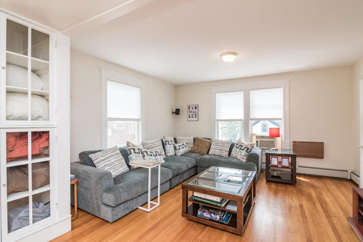 Living room with high ceilings, hardwood floors, 65" Roku 4K TV, and plenty of sunshine all day long from the south- and west-facing windows. Plenty of extra linens, books, games, and toys.