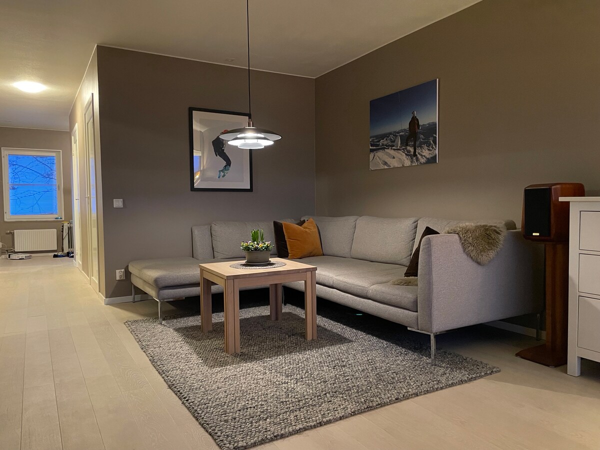 The living area features a light gray sectional sofa complemented by a wooden coffee table. A decorative plant sits atop the table, while a textured rug covers the floor. Soft lighting is provided by a hanging lamp, and artwork adorns the walls, creating a cozy ambiance.