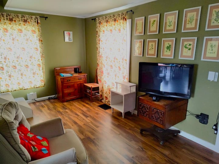 客厅有一张旋转摇椅和一张可折叠的沙发，可容纳一个成人或两个孩子。 电视不连接有线电视，但您可以使用Roku棒，也可以自带HDMI流媒体设备。