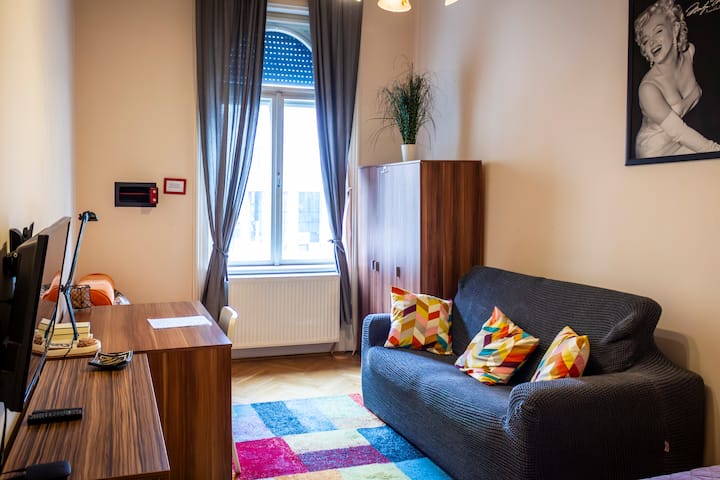 可用作卧室或客厅：有教练、电视、双人床，书桌后面-可打开的单人沙发床（橙色）