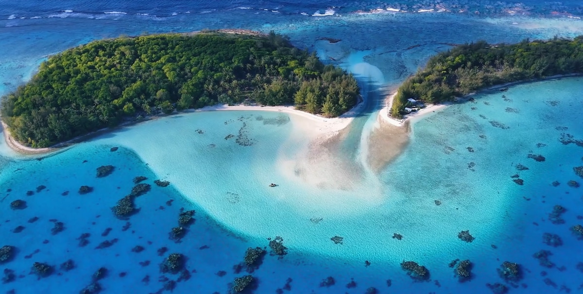 An aerial view captures a serene lagoon surrounded by lush greenery. Soft sandy beaches touch the clear blue waters, while coral formations are visible beneath the surface. The natural beauty of the area is highlighted by gentle curves of the coastline.