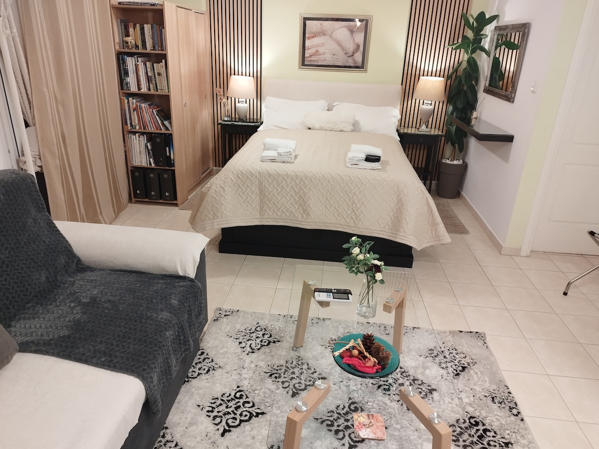 The studio features a spacious bed with a decorative coverlet, complemented by two bedside tables with lighting. A cozy seating area includes a corner sofa and a glass coffee table on a patterned rug, with wall shelves displaying books.