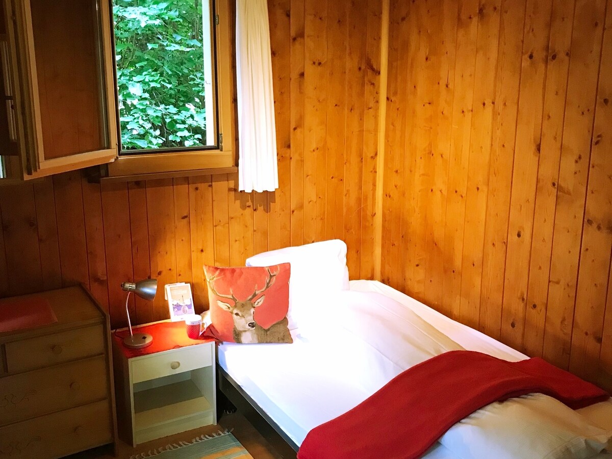 Habitación 2  Groundhog. Cama tamaño queen. 2 ventanas al exterior.
Vista del borde del bosque y Nagens. Viento que sopla desde el suroeste.