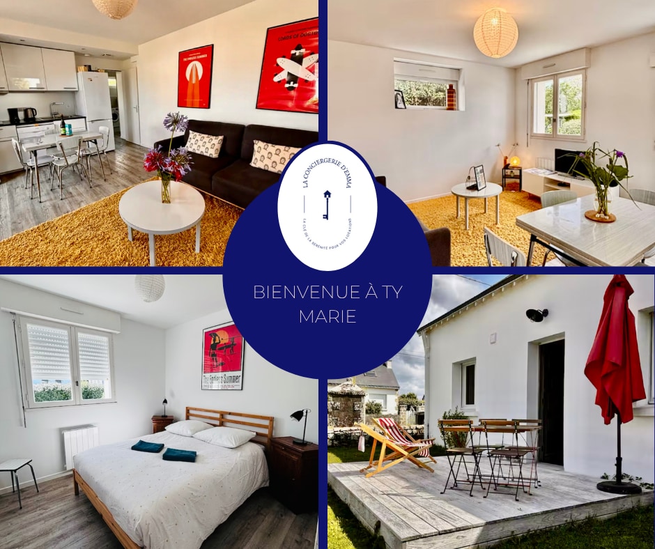 A well-lit living area features a sectional sofa, dining table, and modern kitchen in an open layout. Light from windows illuminates the space while decorative art adds color. A cozy bedroom offers a comfortable bed and simple bedding, enhancing relaxation. An outdoor terrace provides seating for meals.