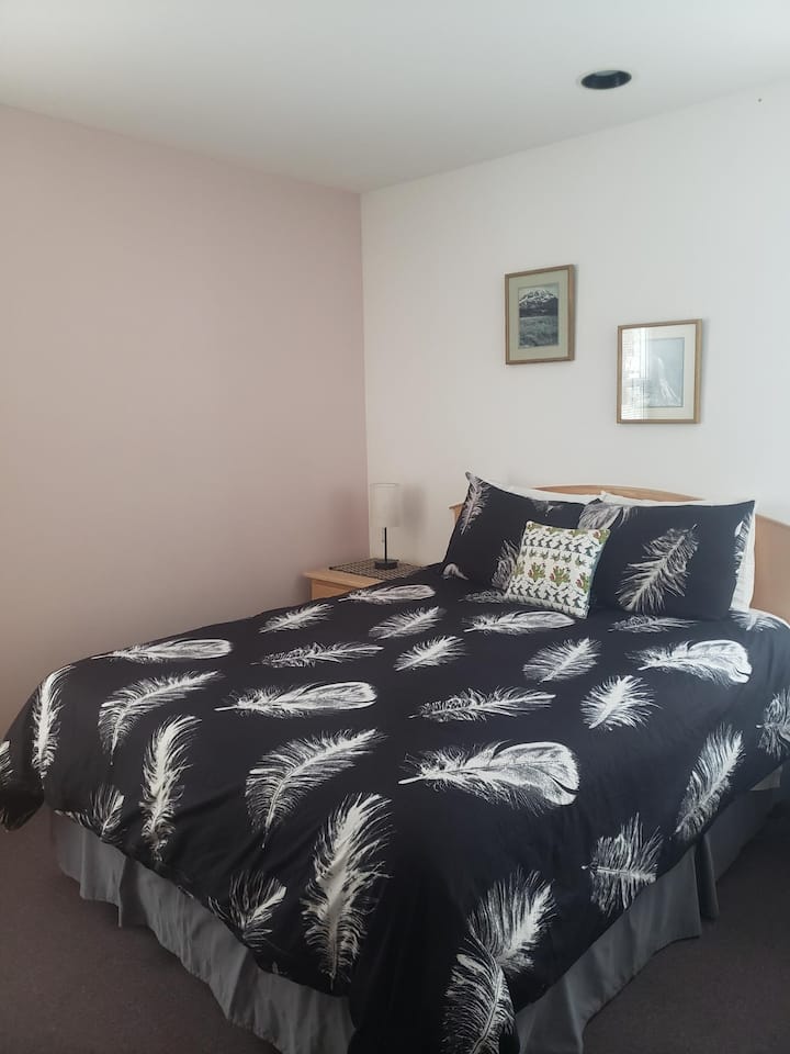 套房主卧配有标准双人床、两张小桌子、两盏灯、固定电话、闹钟、衣柜和空调/暖气。