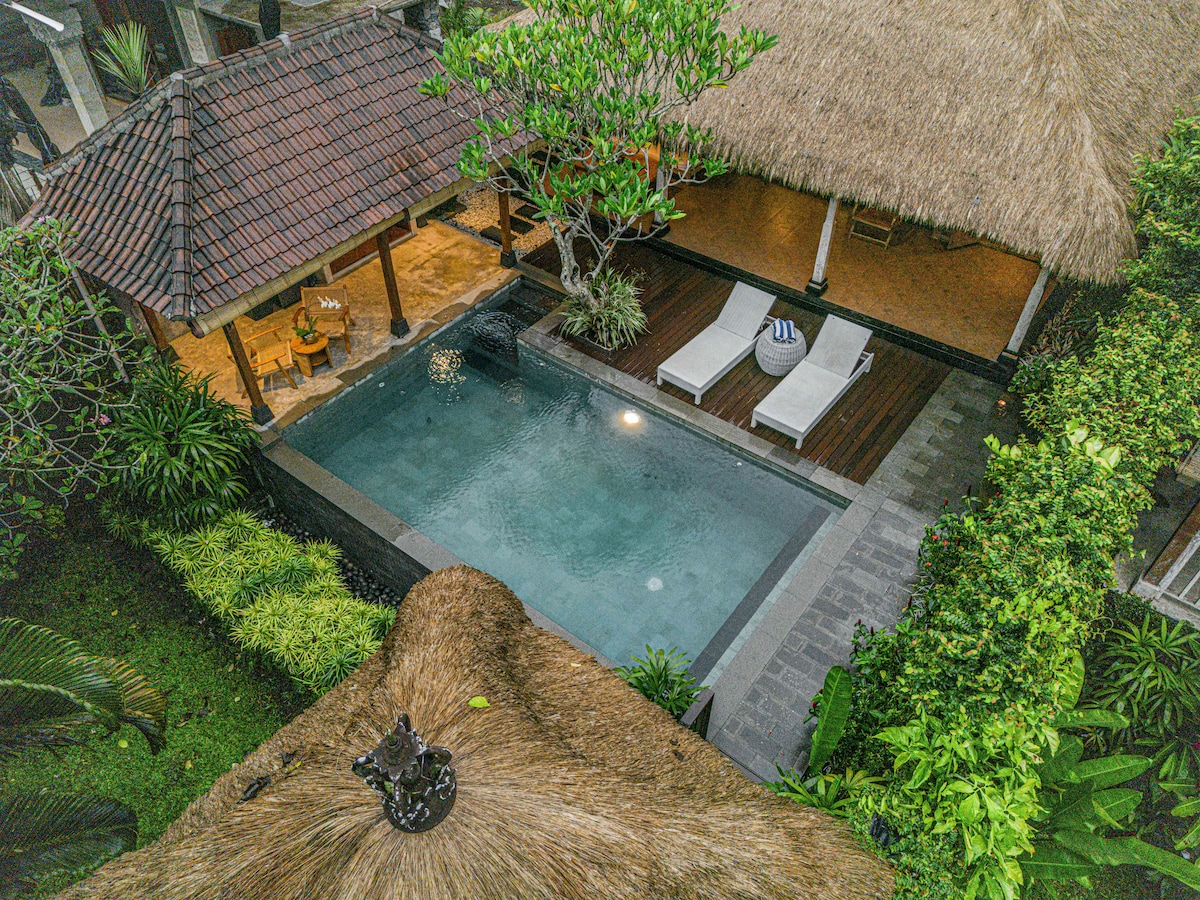 An aerial view captures the private swimming pool surrounded by a tropical garden. Sunbeds are positioned on the wooden deck near the pool, while a traditional Balinese bale offers shaded seating. Lush greenery enhances the serene environment, creating an intimate retreat.