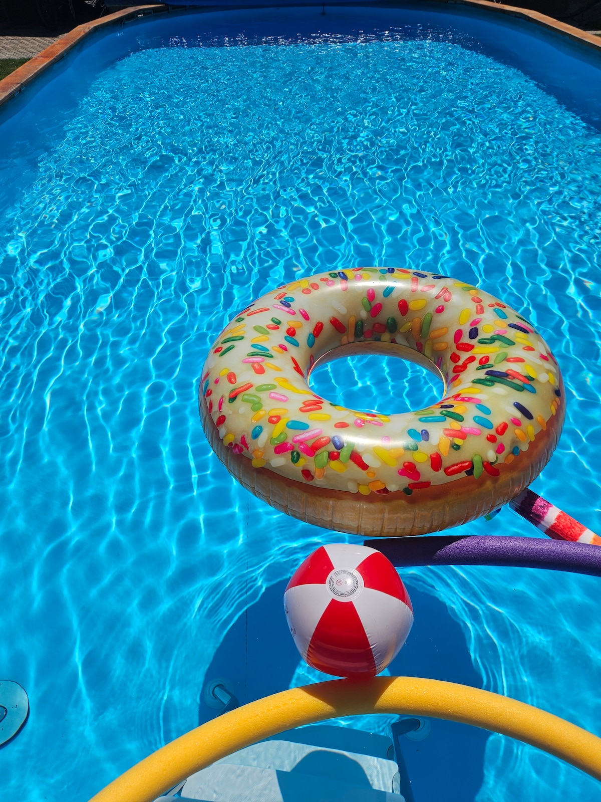 A swimming pool is illuminated with vibrant blue water, creating a refreshing atmosphere. A colorful donut-shaped float and a beach ball are positioned on the surface, adding a playful touch. The pool's smooth edges and bright tiles enhance the inviting appeal of the space.