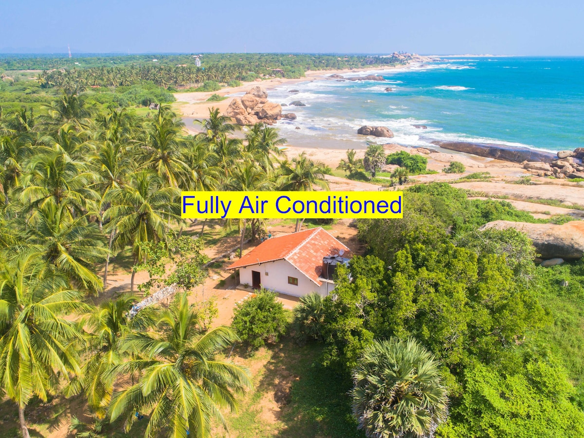 Aerial view of a two-bedroom unit surrounded by lush greenery and palm trees, with the coastline visible in the background. The unit's roof is adorned with traditional materials, and the clear blue waters are in close proximity, offering an inviting seaside environment.