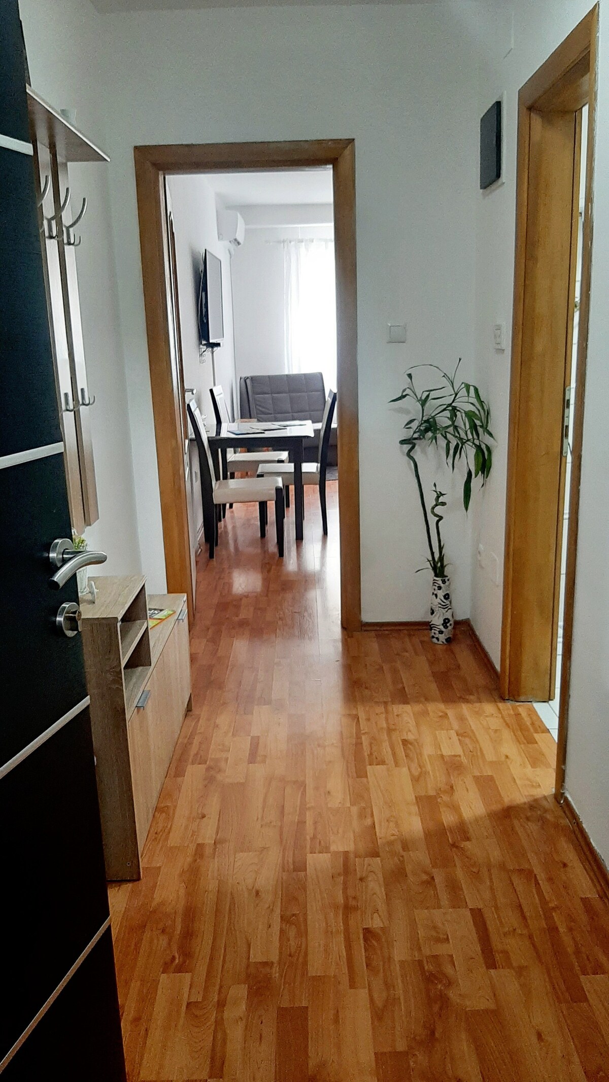 A hallway with smooth wooden flooring leads towards a bright living area. Light filters in from a window, illuminating a dining table set for four, with a gray sofa visible in the background. A small plant in a pot adds a touch of greenery to the space.