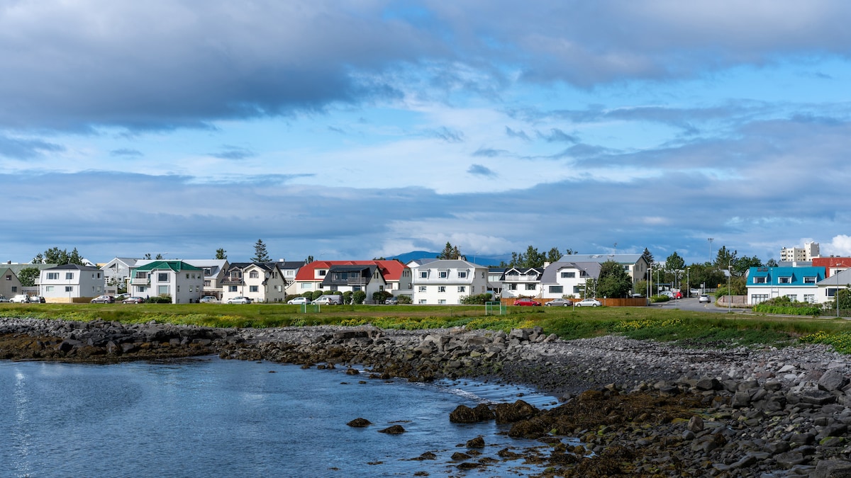A coastal view is presented, featuring a row of houses along the shoreline. Various roof colors are depicted, including red and green, with a backdrop of open blue skies and scattered clouds. Rocky shoreline and lush greenery frame the water's edge.