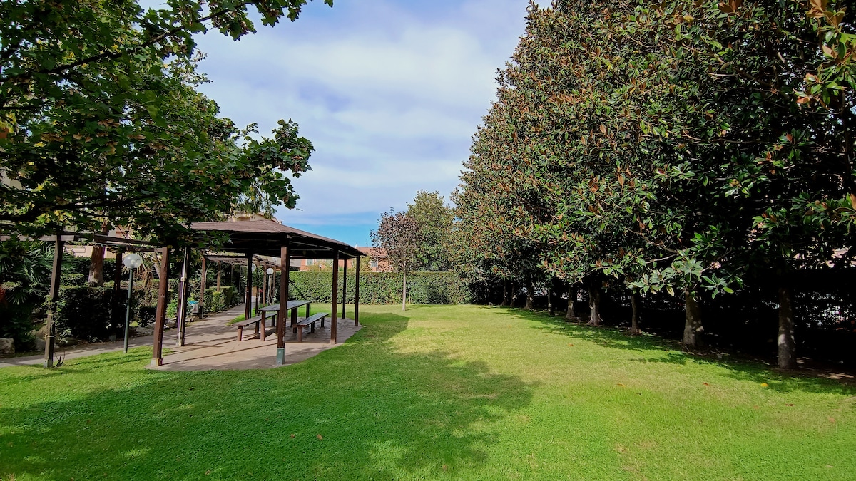 A spacious green garden features a pergola with wooden benches and tables. Lush grass covers the ground, surrounded by tall trees providing shade. Clear skies are visible in the background, enhancing the serene outdoor setting suitable for relaxation or social gatherings.