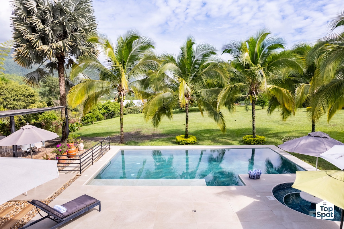 A spacious outdoor area is displayed, featuring a private pool surrounded by tall palm trees and lush greenery. Sun loungers and umbrellas are positioned around the pool, while a well-maintained lawn extends beyond, providing a serene environment for relaxation.