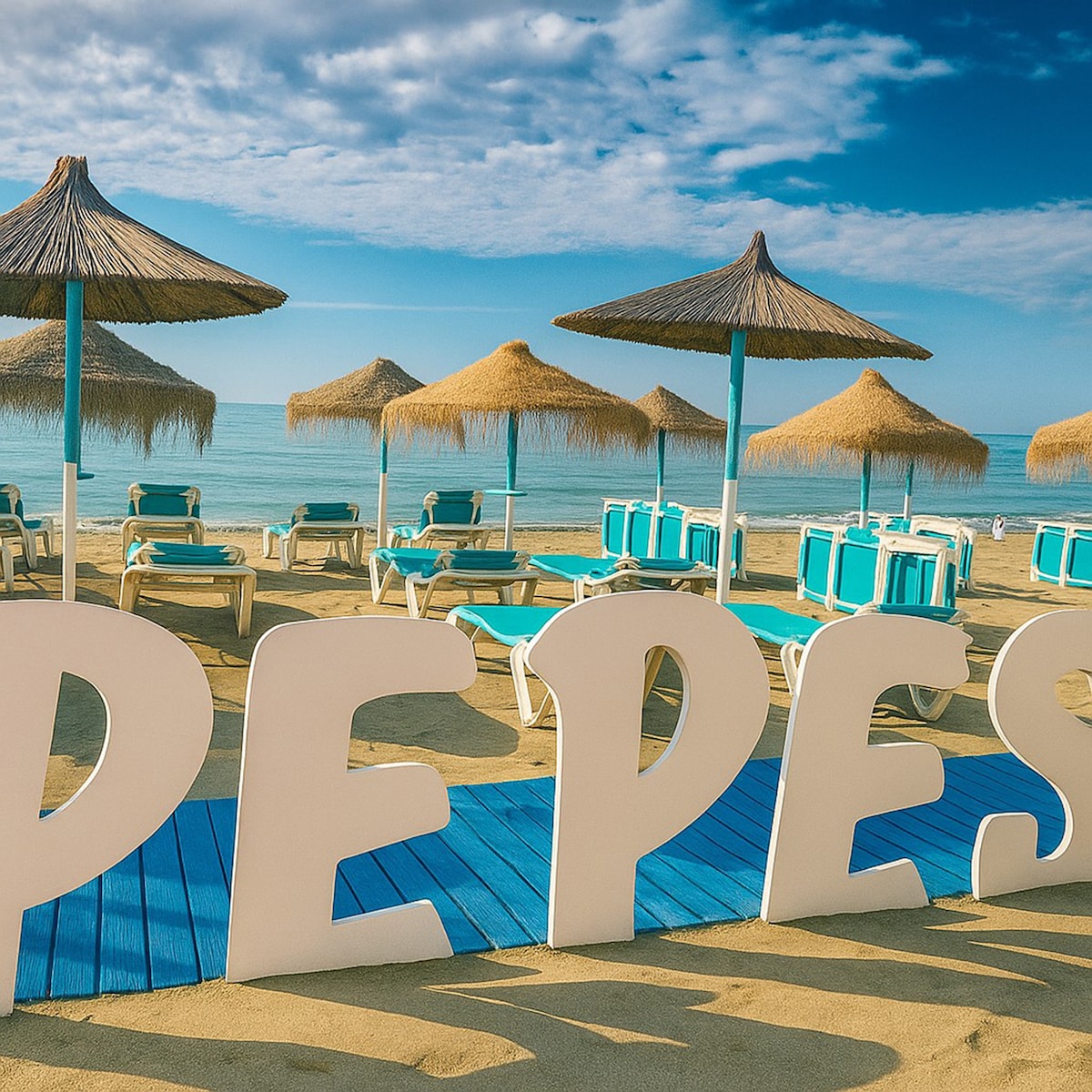 A sandy beach scene is depicted with several thatched umbrellas providing shade. Bright blue lounge chairs are arranged neatly beneath the umbrellas. In the foreground, large, white letters spell out 'PEPES,' placed on a blue wooden walkway leading towards the shoreline.