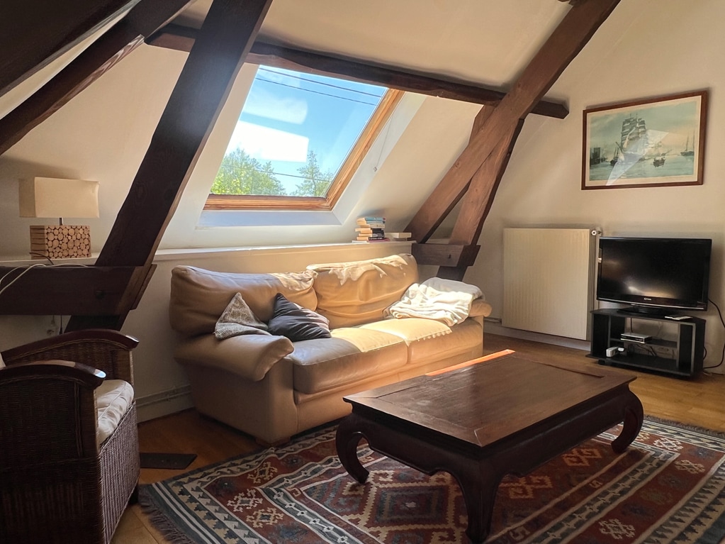 A cozy living area features a spacious sofa, complemented by a wooden coffee table and an accent lamp. Natural light floods the space through a skylight, highlighting the wooden beams and warm wood flooring. A framed nautical print adorns the wall beside a television.