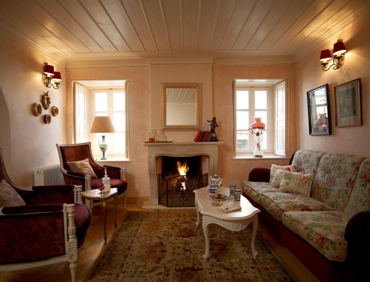 A comfortable sitting area is showcased, featuring a cozy floral sofa and two plush armchairs. Natural light streams in through two windows, illuminating the warm decor. A traditional fireplace is centered, with a decorative mantel displaying books and accents.