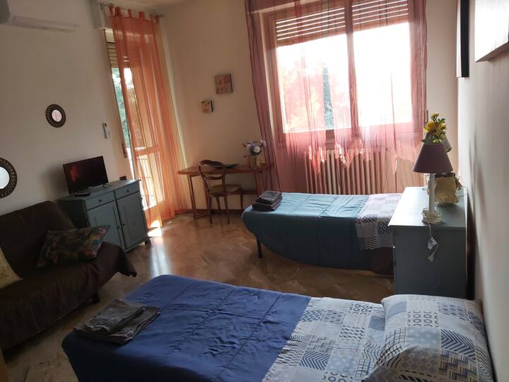 Originally a living room, the large room has been transformed into a bedroom with two single beds and two sofa beds. This room also leads to the balcony overlooking the city of Rho. In each room, there is a workstation with a desk.